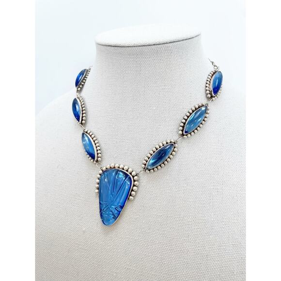 Hecho En Mexico Vintage Sterling Silver Blue Glass Statement Necklace - Picture 9 of 13